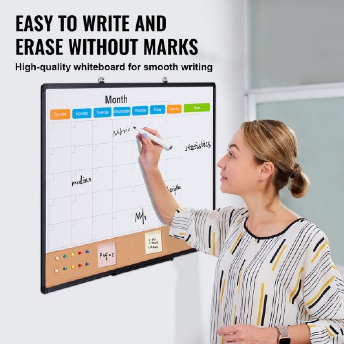 VEVOR 36"x 24" Μηνιαίο ημερολόγιο Whiteboard & Cork Combo με πλαίσιο αλουμινίου – Πίνακας ανακοινώσεων με μαγνητική ξηρή διαγραφή 2-σε-1 για βάση τοίχου – Ιδανικό για σχολείο, σπίτι, γραφείο