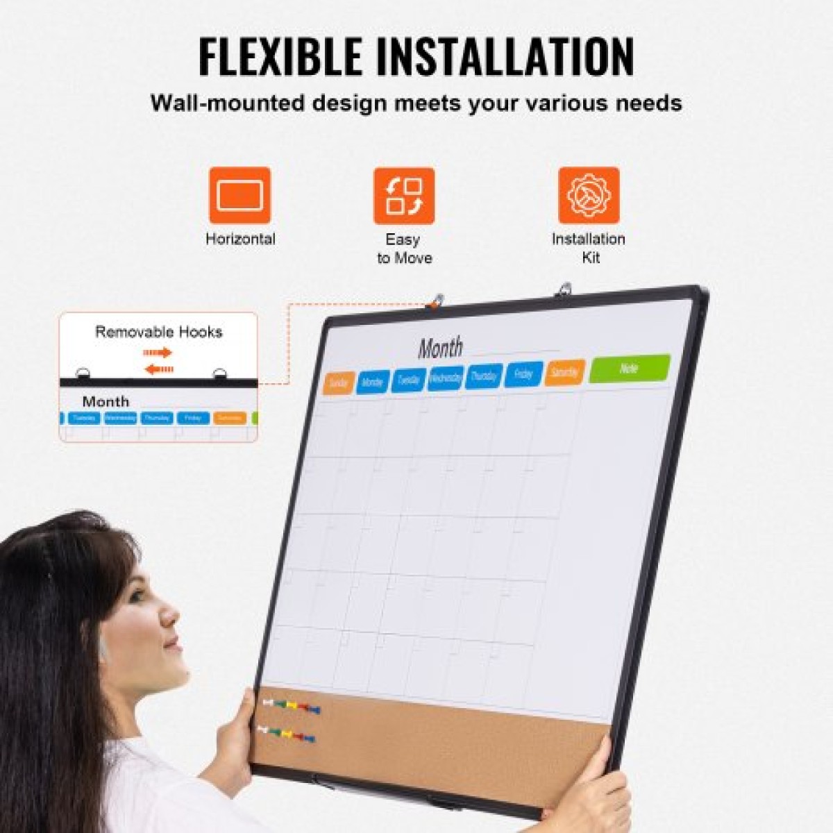 VEVOR 36"x 24" Μηνιαίο ημερολόγιο Whiteboard & Cork Combo με πλαίσιο αλουμινίου – Πίνακας ανακοινώσεων με μαγνητική ξηρή διαγραφή 2-σε-1 για βάση τοίχου – Ιδανικό για σχολείο, σπίτι, γραφείο