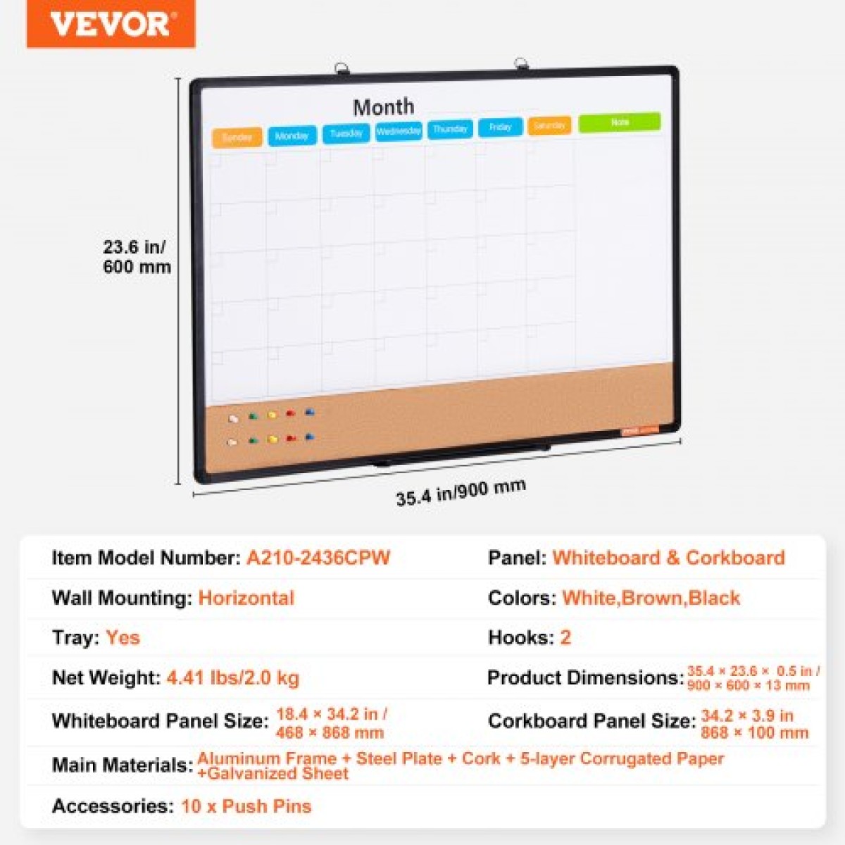 VEVOR 36"x 24" Μηνιαίο ημερολόγιο Whiteboard & Cork Combo με πλαίσιο αλουμινίου – Πίνακας ανακοινώσεων με μαγνητική ξηρή διαγραφή 2-σε-1 για βάση τοίχου – Ιδανικό για σχολείο, σπίτι, γραφείο