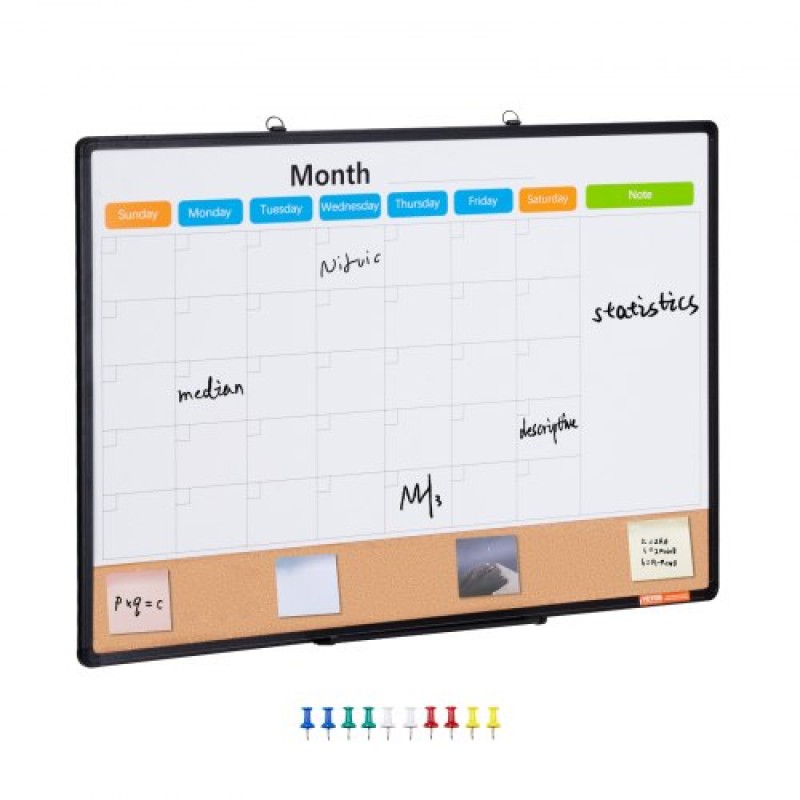 VEVOR 36"x 24" Μηνιαίο ημερολόγιο Whiteboard & Cork Combo με πλαίσιο αλουμινίου – Πίνακας ανακοινώσεων με μαγνητική ξηρή διαγραφή 2-σε-1 για βάση τοίχου – Ιδανικό για σχολείο, σπίτι, γραφείο