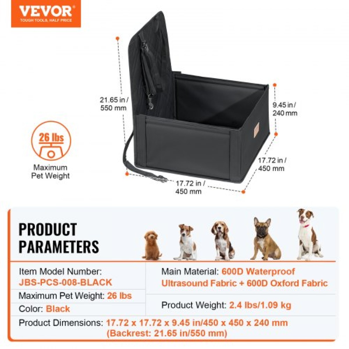 Κάθισμα αυτοκινήτου VEVOR Dog, Κάθισμα Dog Booster για Αυτοκίνητο με Πλαίσιο Στήριξης, Κάθισμα αυτοκινήτου για κατοικίδια με λουρί ασφαλείας με κλιπ, Βαμβακερό γέμισμα, Κρεβάτι αυτοκινήτου σκύλου για μικρό σκύλο έως 26 λίβρες, Μαύρο