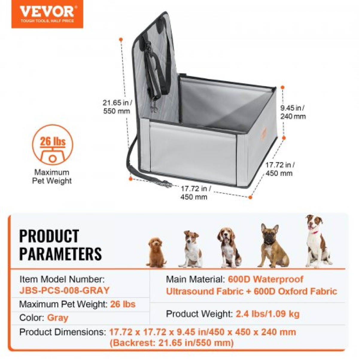 Κάθισμα αυτοκινήτου VEVOR Dog, Booster Κάθισμα για Αυτοκίνητο με Πλαίσιο Στήριξης, Κάθισμα αυτοκινήτου κατοικίδιων ζώων με λουρί ασφαλείας με κλιπ, Βαμβακερό γέμισμα, Κρεβάτι αυτοκινήτου σκύλου για μικρό σκύλο έως 26 λίβρες, Γκρι