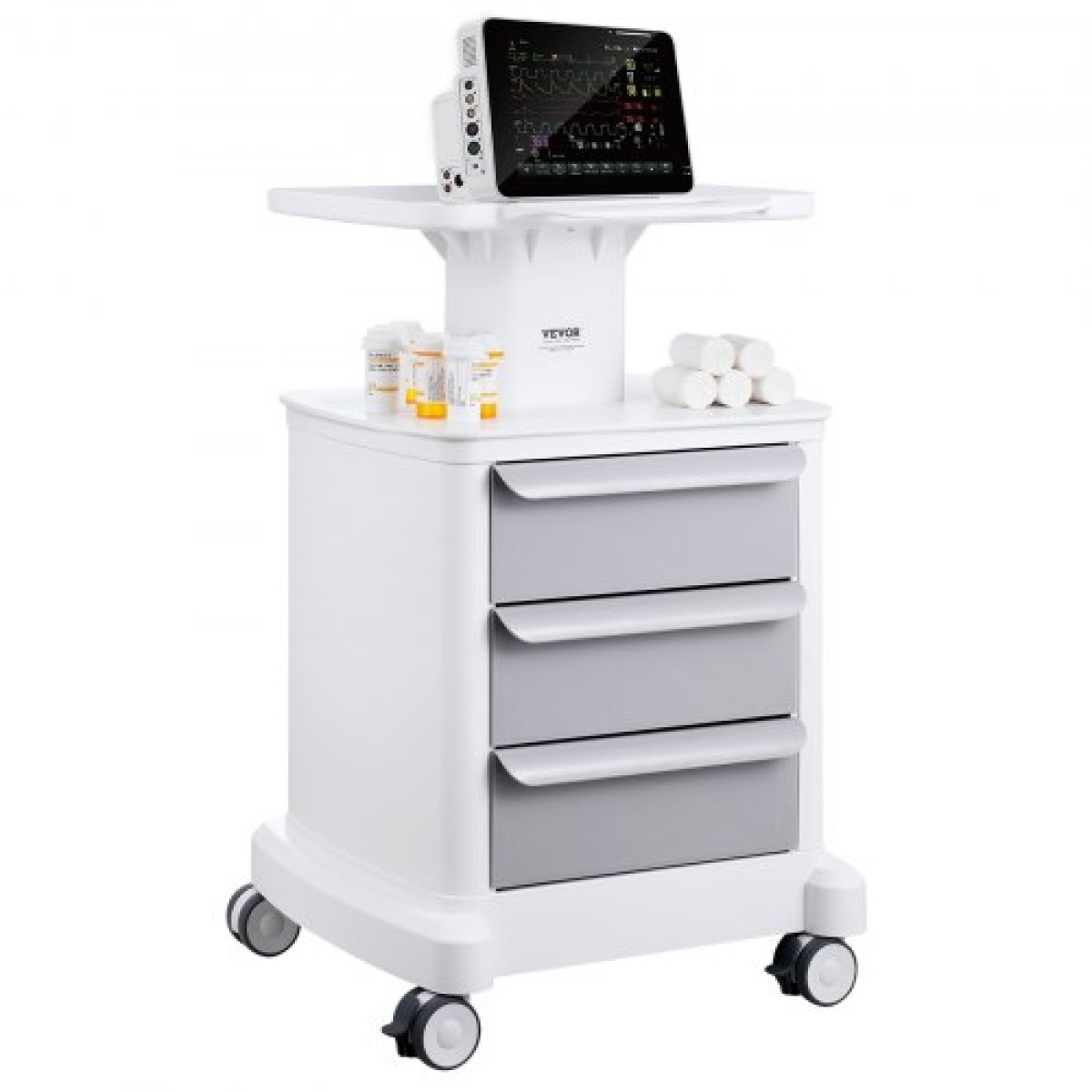 VEVOR 4 Tiers Lab Carts, Lab Utility Cart με 3 συρτάρια & 1 Top Tray, Mobile Medical Cart with ABS Material, Lab Rolling Cart with 4 Silent Wheels for Lab, Clinic, Hospital, Salon, White