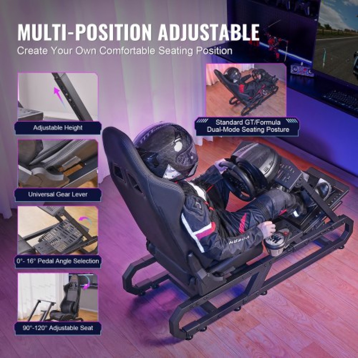VEVOR Racing Wheel Stand For Logitech G923/G920/G29, Heavy Duty Steel Driving Simulator Cockpit-Thrustmaster T248P, Ρυθμιζόμενο ύψος και γωνία πεντάλ ποδιού στηρίγματος τιμονιού, Μέγιστο φορτίο 330 LBS Compact