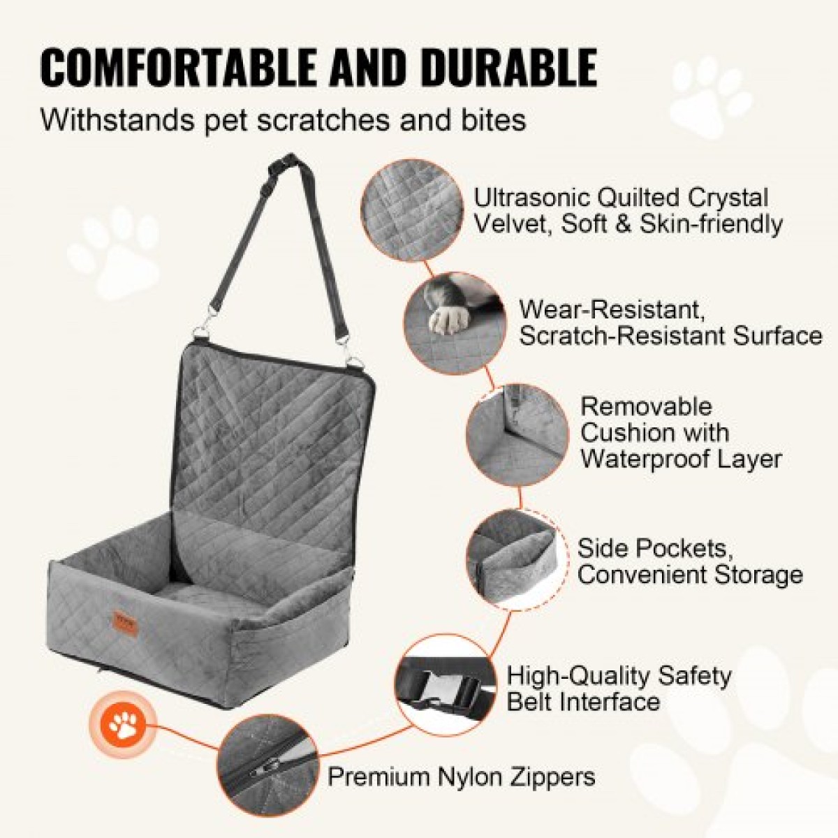 Κάθισμα αυτοκινήτου VEVOR Dog, Dog Booster Seat για αυτοκίνητο με τσέπη αποθήκευσης, λουρί ασφαλείας με κλιπ, γέμιση από σφουγγάρι και PP βαμβακερό, κρεβάτι αυτοκινήτου σκύλου για μικρό και μεσαίο σκύλο έως 40 λίβρες, γκρι