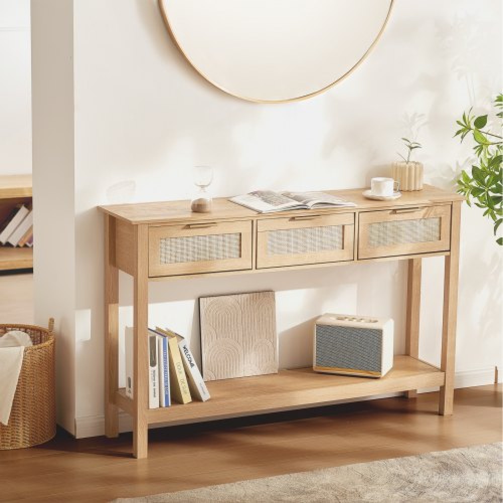 Τραπέζι κονσόλας VEVOR Rattan με 3 συρτάρια αποθήκευσης, Τραπέζι εισόδου Rattan με συρόμενη πόρτα από φυσικό Rattan, Τραπέζι καναπέ κονσόλας για σαλόνι, μελέτη, είσοδο ή τοίχο τηλεόρασης, φυσικό