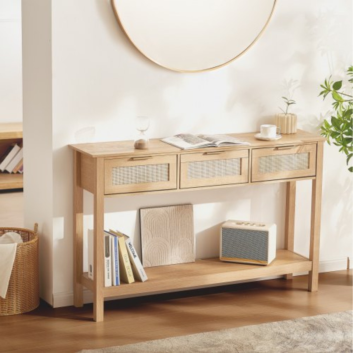 Τραπέζι κονσόλας VEVOR Rattan με 3 συρτάρια αποθήκευσης, Τραπέζι εισόδου Rattan με συρόμενη πόρτα από φυσικό Rattan, Τραπέζι καναπέ κονσόλας για σαλόνι, μελέτη, είσοδο ή τοίχο τηλεόρασης, φυσικό