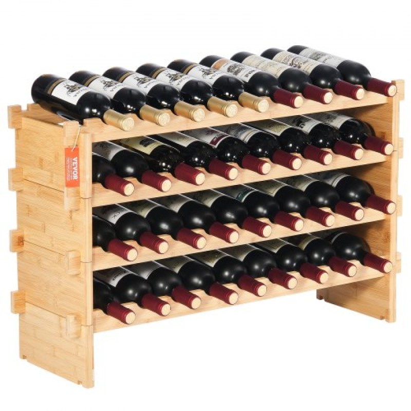VEVOR 36 Bottle Stackable Modular Rack Wine Rack, 4-Tier Racks Solid Bamboo Wood Storage Racks, ανεξάρτητο ράφι θήκης κρασιών στο δάπεδο, ράφια χωρίς ταλαντεύσεις για κουζίνα, μπαρ και κελάρι (φυσικό χρώμα)