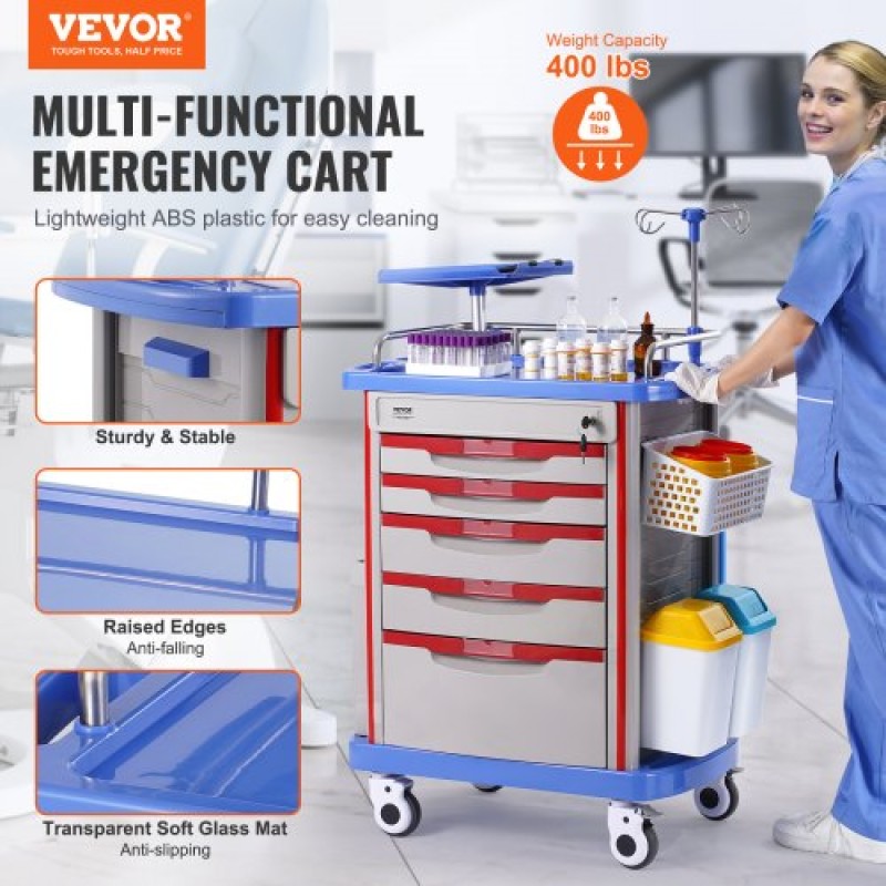 VEVOR 5 Tiers Lab Carts, Lab Utility Cart με 5 συρτάρια & 4 Silent Wheels, Mobile ιατρικό καρότσι με υλικό PP, Lab Rolling Cart με 2 δοχεία απορριμμάτων για εργαστήριο, κλινική, νοσοκομείο, σαλόνι, μπλε