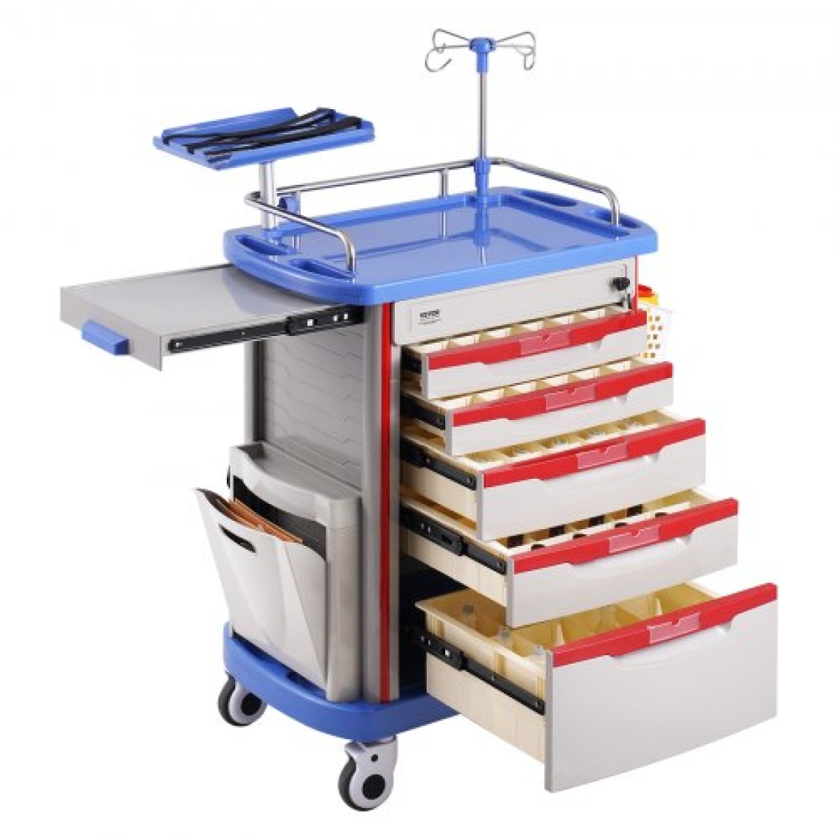 VEVOR 5 Tiers Lab Carts, Lab Utility Cart με 5 συρτάρια & 4 Silent Wheels, Mobile ιατρικό καρότσι με υλικό PP, Lab Rolling Cart με 2 δοχεία απορριμμάτων για εργαστήριο, κλινική, νοσοκομείο, σαλόνι, μπλε