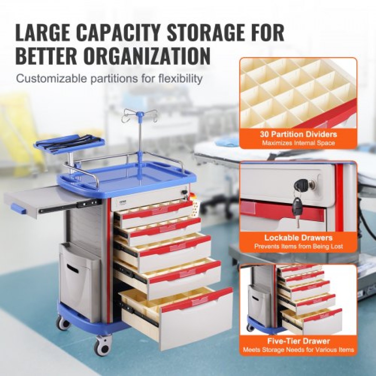 VEVOR 5 Tiers Lab Carts, Lab Utility Cart με 5 συρτάρια & 4 Silent Wheels, Mobile ιατρικό καρότσι με υλικό PP, Lab Rolling Cart με 2 δοχεία απορριμμάτων για εργαστήριο, κλινική, νοσοκομείο, σαλόνι, μπλε