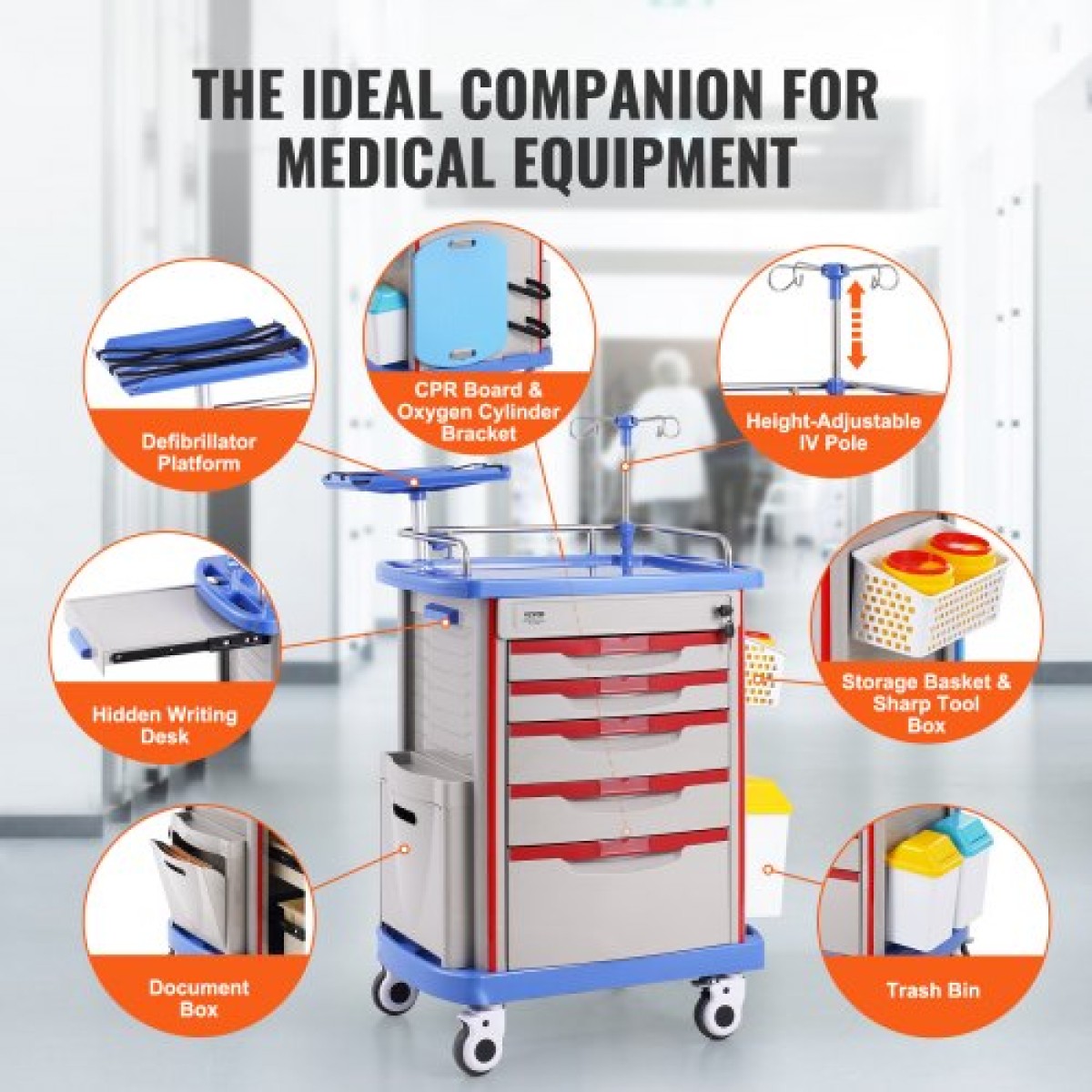 VEVOR 5 Tiers Lab Carts, Lab Utility Cart με 5 συρτάρια & 4 Silent Wheels, Mobile ιατρικό καρότσι με υλικό PP, Lab Rolling Cart με 2 δοχεία απορριμμάτων για εργαστήριο, κλινική, νοσοκομείο, σαλόνι, μπλε