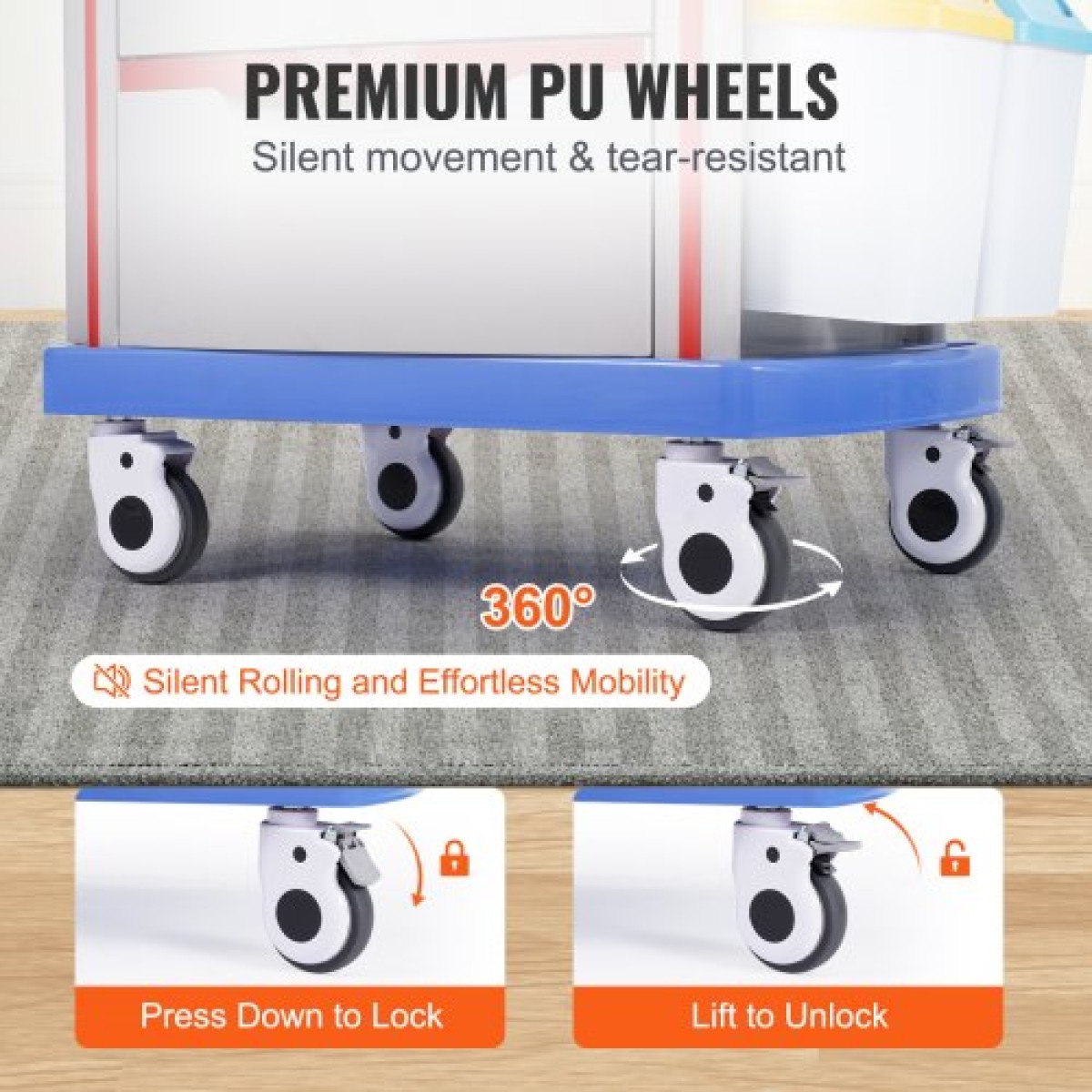 VEVOR 5 Tiers Lab Carts, Lab Utility Cart με 5 συρτάρια & 4 Silent Wheels, Mobile ιατρικό καρότσι με υλικό PP, Lab Rolling Cart με 2 δοχεία απορριμμάτων για εργαστήριο, κλινική, νοσοκομείο, σαλόνι, μπλε