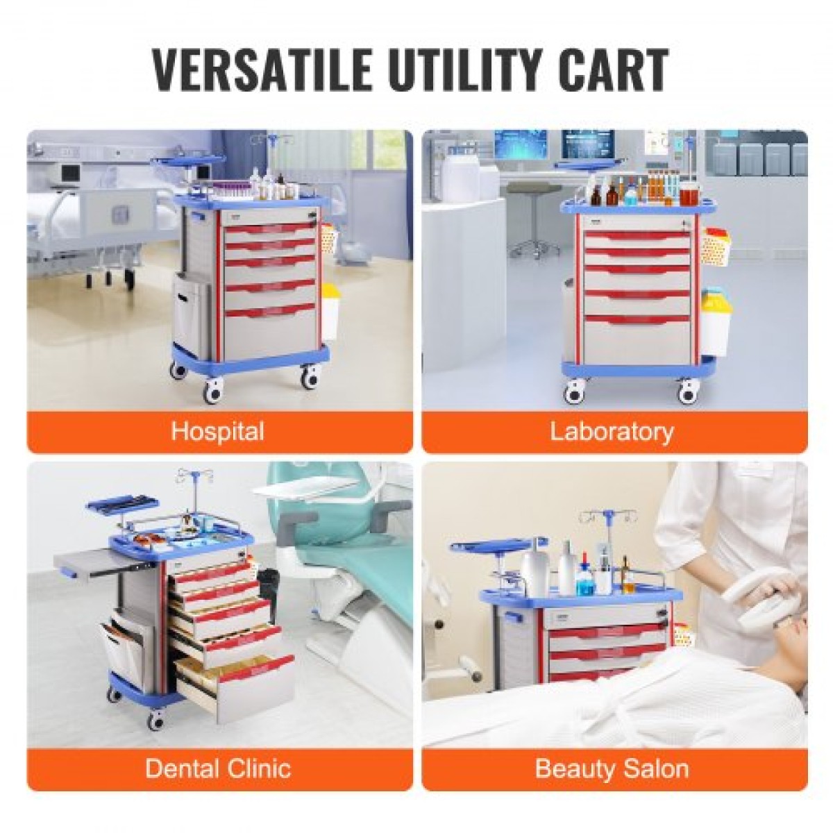 VEVOR 5 Tiers Lab Carts, Lab Utility Cart με 5 συρτάρια & 4 Silent Wheels, Mobile ιατρικό καρότσι με υλικό PP, Lab Rolling Cart με 2 δοχεία απορριμμάτων για εργαστήριο, κλινική, νοσοκομείο, σαλόνι, μπλε