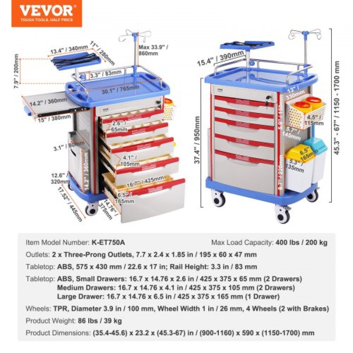 VEVOR 5 Tiers Lab Carts, Lab Utility Cart με 5 συρτάρια & 4 Silent Wheels, Mobile ιατρικό καρότσι με υλικό PP, Lab Rolling Cart με 2 δοχεία απορριμμάτων για εργαστήριο, κλινική, νοσοκομείο, σαλόνι, μπλε