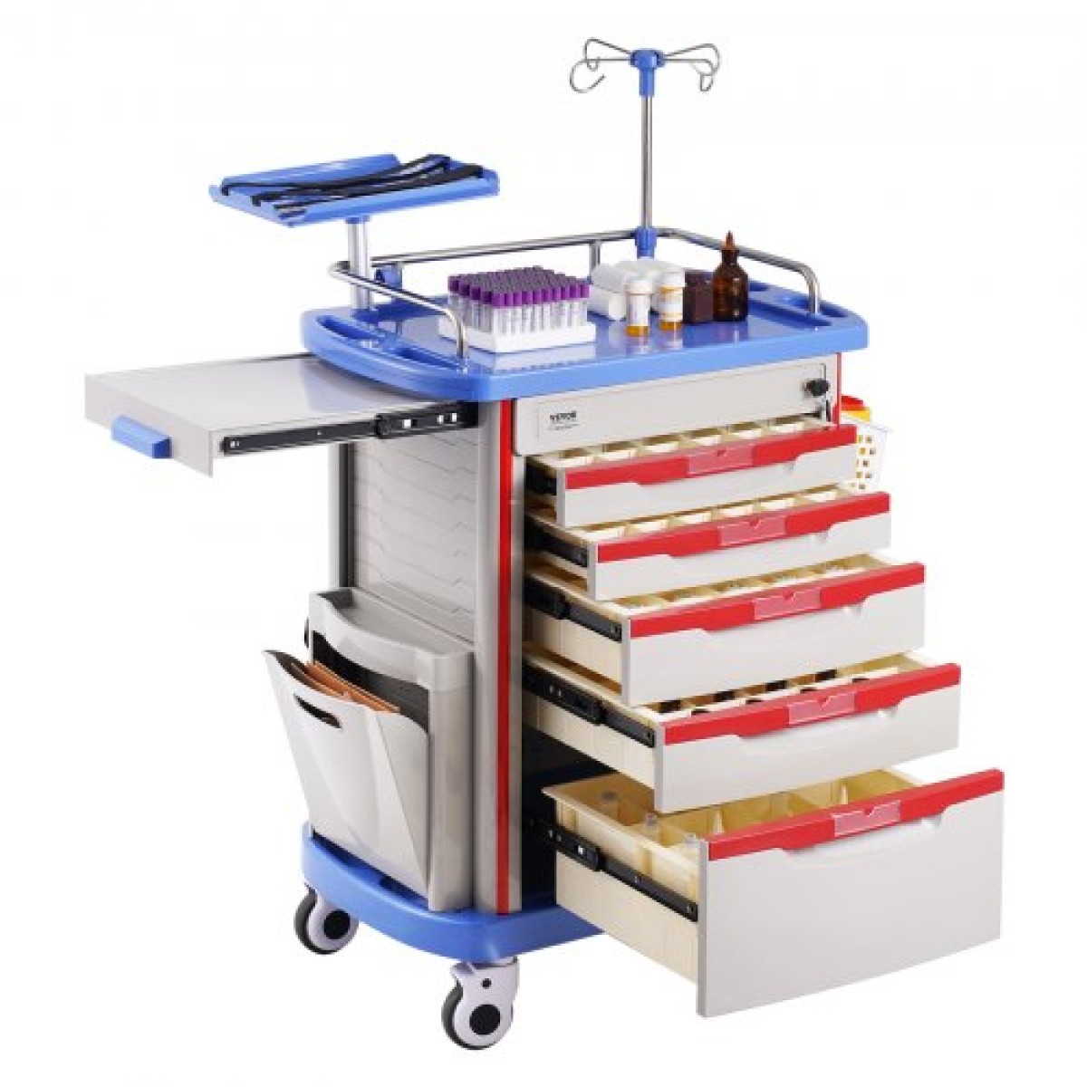 VEVOR 5 Tiers Lab Carts, Lab Utility Cart με 5 συρτάρια & 4 Silent Wheels, Mobile ιατρικό καρότσι με υλικό PP, Lab Rolling Cart με 2 δοχεία απορριμμάτων για εργαστήριο, κλινική, νοσοκομείο, σαλόνι, μπλε