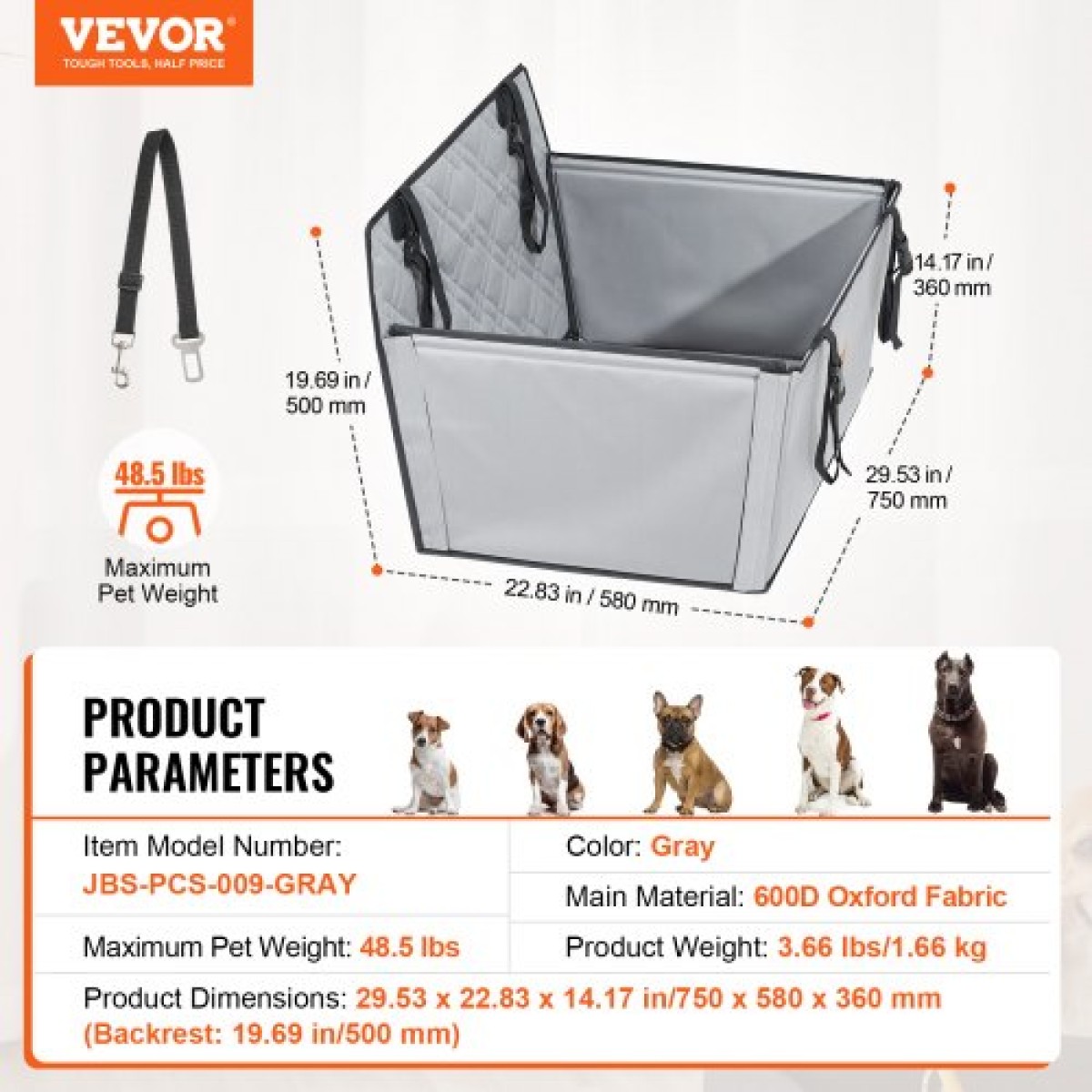 Κάθισμα αυτοκινήτου VEVOR Dog, αδιάβροχο ενισχυτικό κάθισμα για αυτοκίνητο με πλαίσιο στήριξης, κάθισμα αυτοκινήτου για κατοικίδια με λουρί ασφαλείας με κλιπ, κρεβάτι αυτοκινήτου σκύλου για μικρό, μεσαίο και μεγάλο σκύλο έως 48,5 λίβρες, γκρι