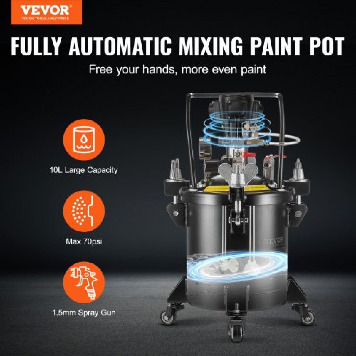 Δοχείο πίεσης βαφής VEVOR, 10 L/2,5 gal Πλήρως αυτόματο δοχείο δοχείου πίεσης ανάδευσης, Ρυθμιζόμενη πίεση 70 psi, δοχείο βαφής δοχείου πίεσης με πιστόλι και σωλήνες ψεκασμού, για βάψιμο βιομηχανικής διακόσμησης σπιτιού