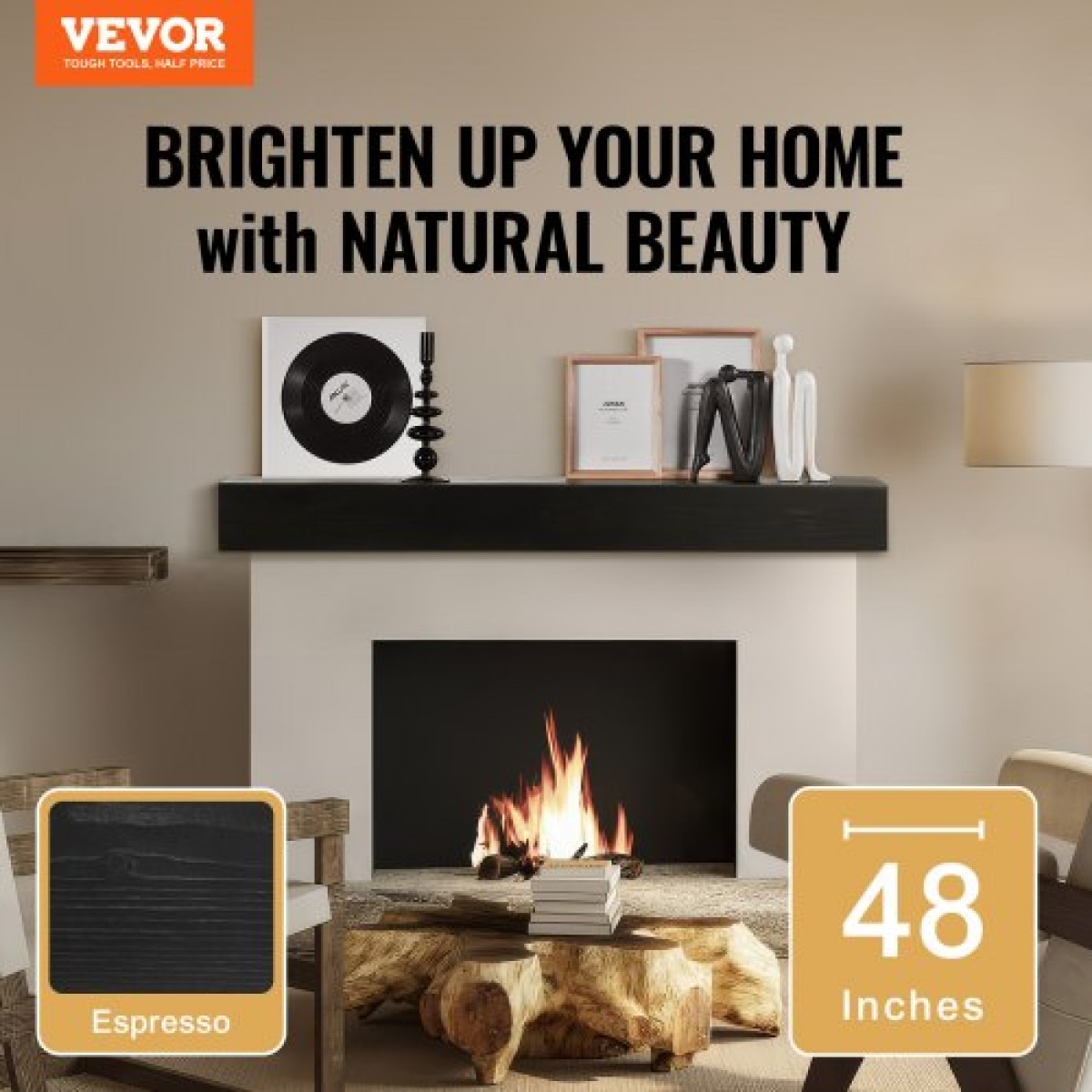 Επάνδυση τζακιού VEVOR, 48" x 8" x 5", Χωρητικότητα βάρους 50 λίβρες, Επάνδυση από φυσικό ξύλο για πάνω από τζάκι, επιτοίχιο πλωτό ράφι αγροικίας, χειροποίητο τζάκι για διακόσμηση τοίχων, εσπρέσο