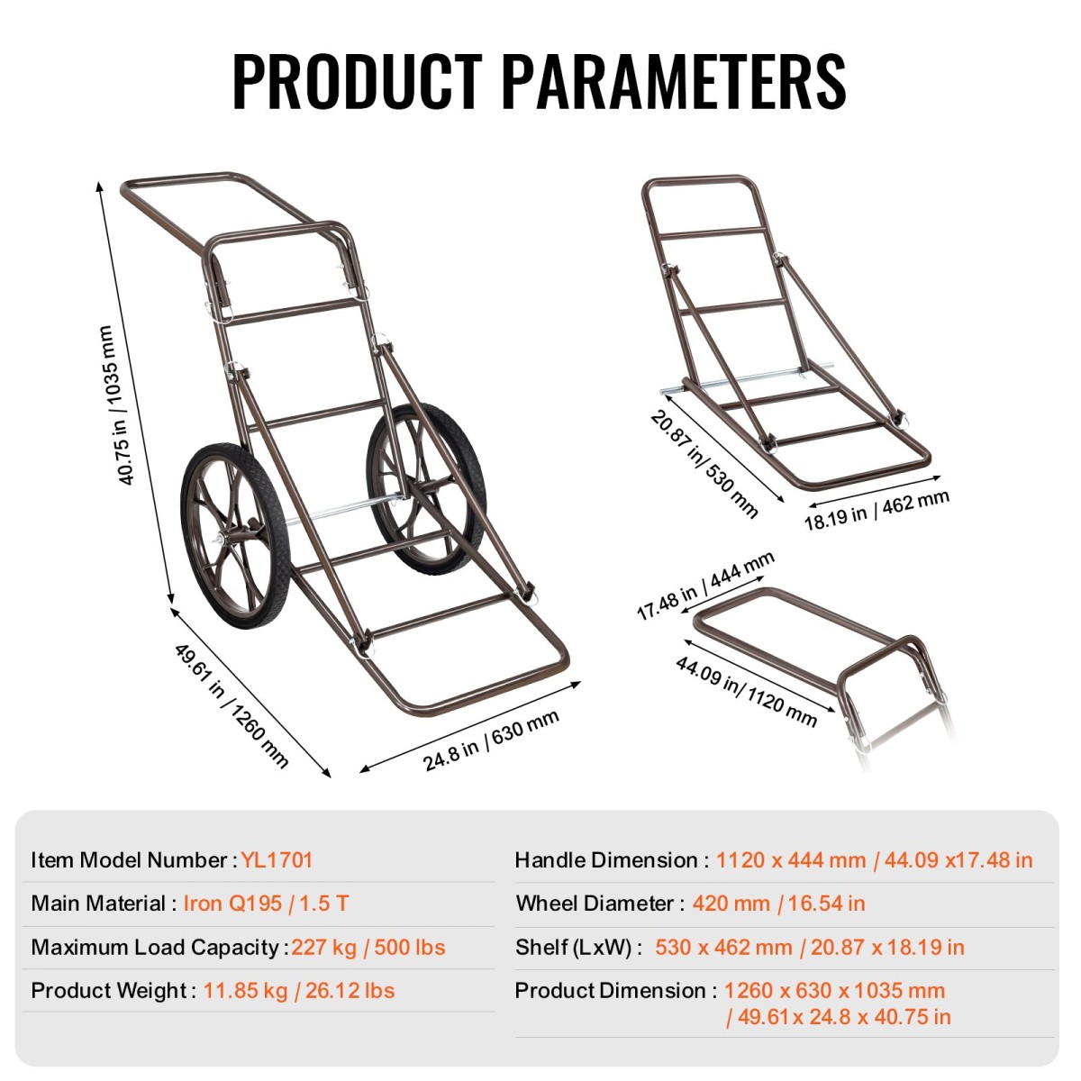 VEVOR Deer Cart, 500 LBS Capacity Folding Cart, Deer Cart Game Hauler με μεγάλο ελαστικό τροχό 17" & εργονομική λαβή, αξεσουάρ βαρέως τύπου καροτσιού παιχνιδιού, βοηθητικό εξοπλισμό Dolly για κυνήγι Ψάρεμα Πεζοπορίας