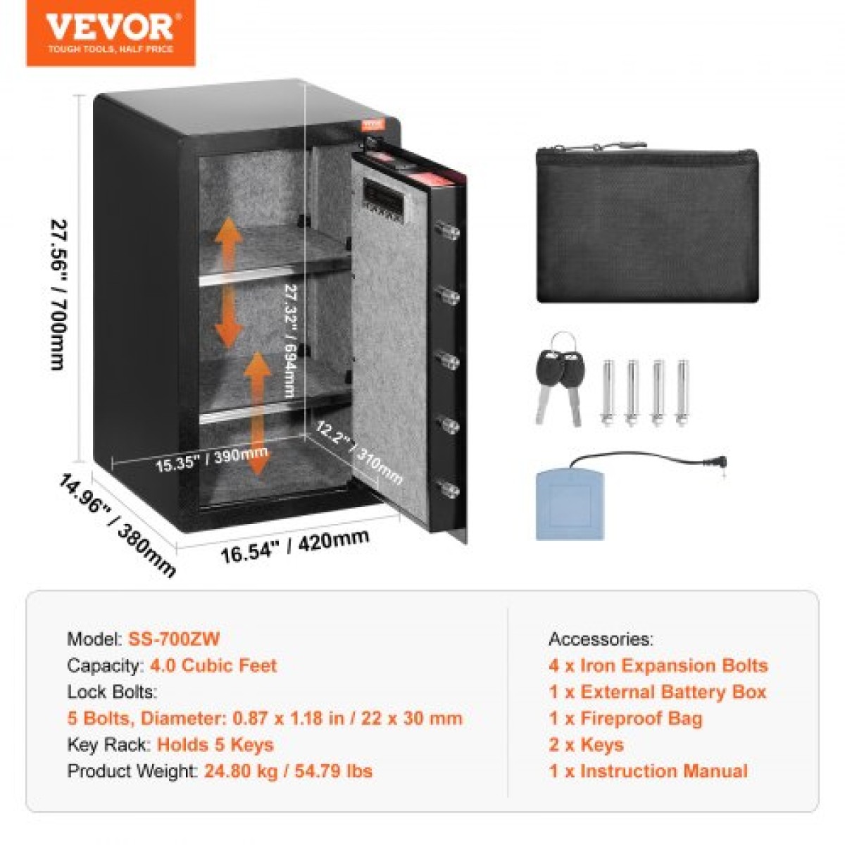 Χρηματοκιβώτιο VEVOR Μονόθυρο 113 L με κλειδαριά, κωδικό πρόσβασης και δακτυλικό αποτύπωμα, θυρίδα ασφαλείας με πυρίμαχη τσάντα, βάση κλειδιών, φως LED και 2 ράφια για χρήματα, έγγραφα, κοσμήματα και αντικείμενα αξίας, μαύρο