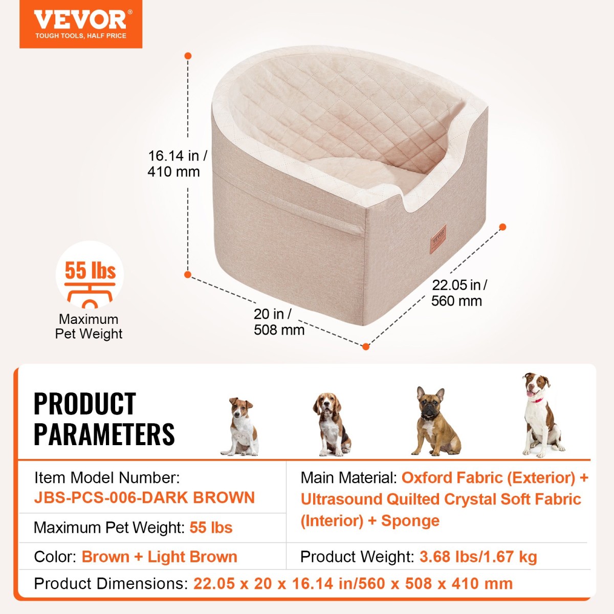 Κάθισμα αυτοκινήτου VEVOR Dog, Αδιάβροχο Booster Κάθισμα για Αυτοκίνητο με Θήκη Αποθήκευσης, Λουρί ασφαλείας με κλιπ και Γέμισμα Σφουγγάρι, Κρεβάτι αυτοκινήτου Σκύλου για Μικρό και Μεσαίο σκύλο έως 55 κιλά, Καφέ
