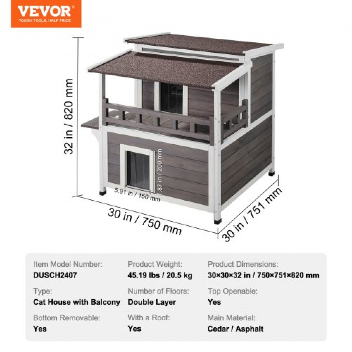 VEVOR Υπαίθριο Σπίτι για Γάτες Αδιάβροχο, Καταφύγιο Άγριας Γάτας για πολλές γάτες, 2όροφο Μεγάλο Ξύλινο Σπίτι για Γάτες με Μπαλκόνι, Πόρτες, Πορτάκια PVC και Ανοιχτή Οροφή, 30"L x 30"Π x 32"Υ