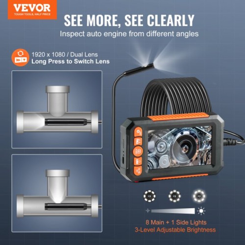 VEVOR Endoscope Camera with Lights Dual Lens Borescope 499,9 cm Καλώδιο 10,9 cm Οθόνη