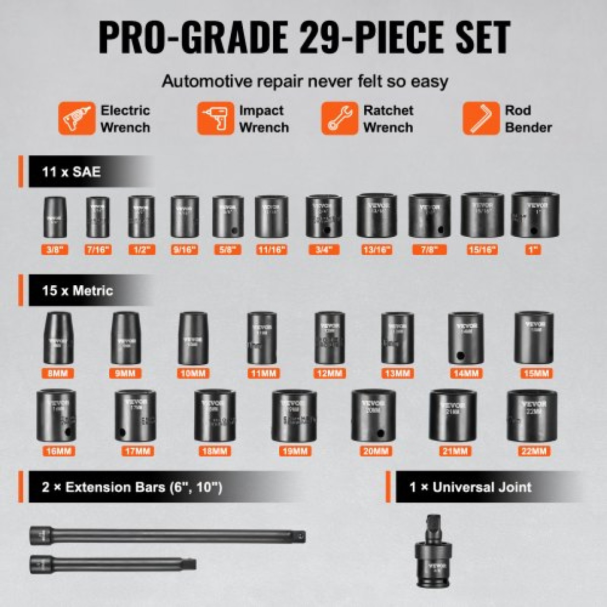 VEVOR 3/8" Drive Impact Socket Set, 29 Piece Shallow Socket Set SAE 3/8"-1" and Metric 8-22mm, 6 Point CR-V Alloy Steel for Auto Repair, Ευανάγνωστα σημάδια μεγέθους, στιβαρή κατασκευή, θήκη αποθήκευσης