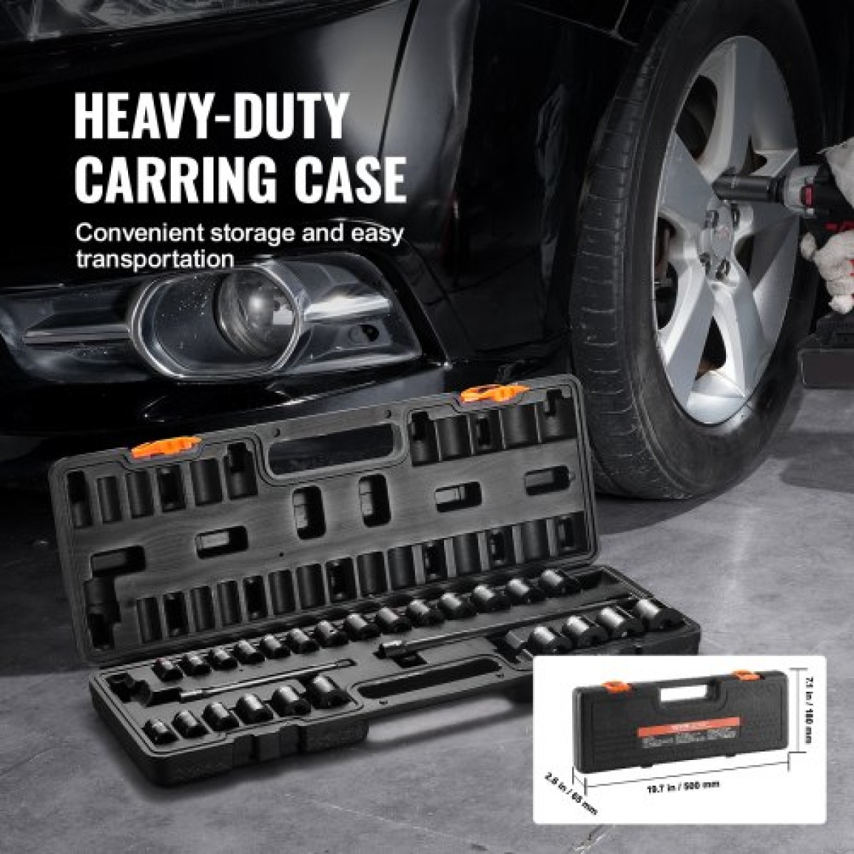 VEVOR 3/8" Drive Impact Socket Set, 29 Piece Shallow Socket Set SAE 3/8"-1" and Metric 8-22mm, 6 Point CR-V Alloy Steel for Auto Repair, Ευανάγνωστα σημάδια μεγέθους, στιβαρή κατασκευή, θήκη αποθήκευσης