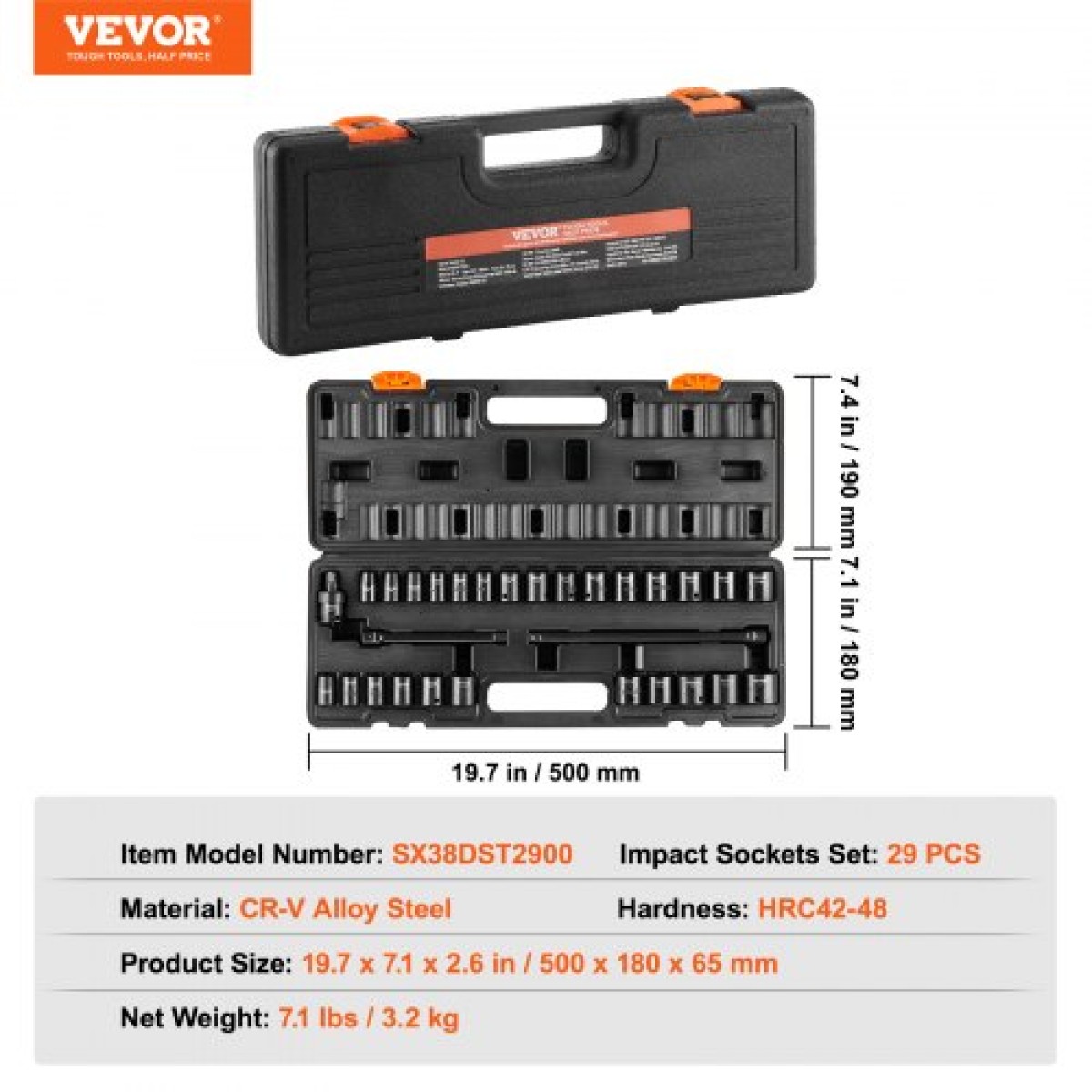VEVOR 3/8" Drive Impact Socket Set, 29 Piece Shallow Socket Set SAE 3/8"-1" and Metric 8-22mm, 6 Point CR-V Alloy Steel for Auto Repair, Ευανάγνωστα σημάδια μεγέθους, στιβαρή κατασκευή, θήκη αποθήκευσης