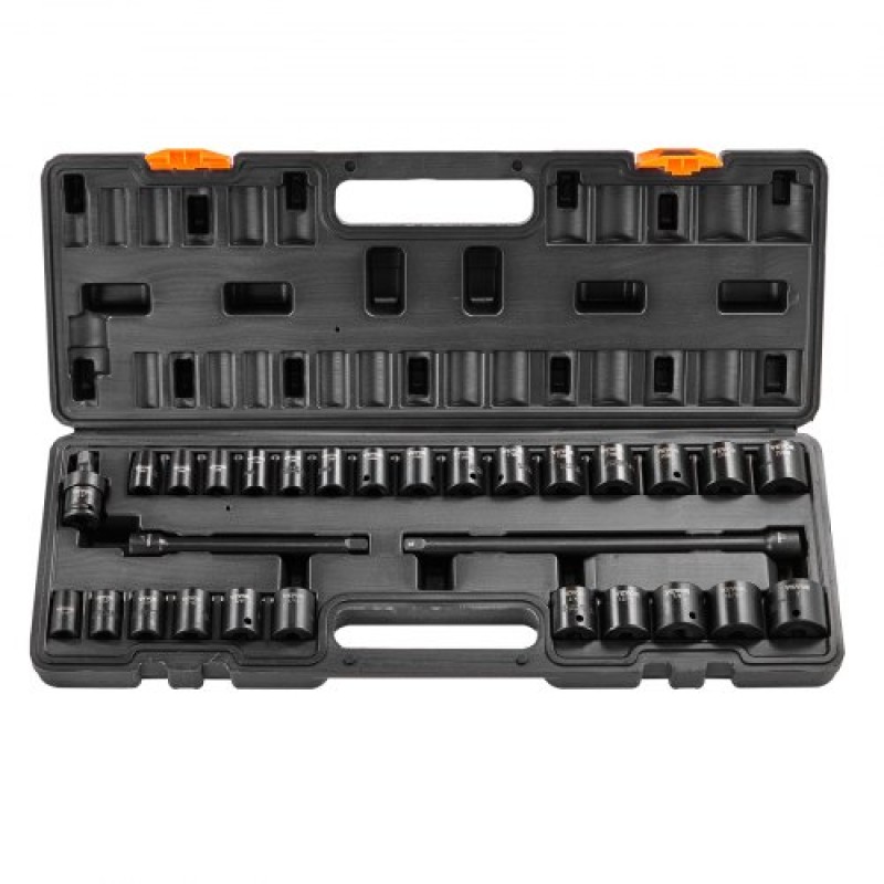 VEVOR 3/8" Drive Impact Socket Set, 29 Piece Shallow Socket Set SAE 3/8"-1" and Metric 8-22mm, 6 Point CR-V Alloy Steel for Auto Repair, Ευανάγνωστα σημάδια μεγέθους, στιβαρή κατασκευή, θήκη αποθήκευσης