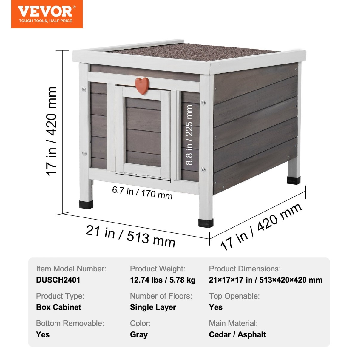 VEVOR Υπαίθριο Σπίτι για Γάτες Ανθεκτικό στις καιρικές συνθήκες, Καταφύγιο για άγριες γάτες για πολλές γάτες, Ξύλινο σπίτι για γάτες εξωτερικού χώρου με πτερύγια πόρτας PVC και ανοιχτή οροφή, 21" L x 17" Π x 17" Υ