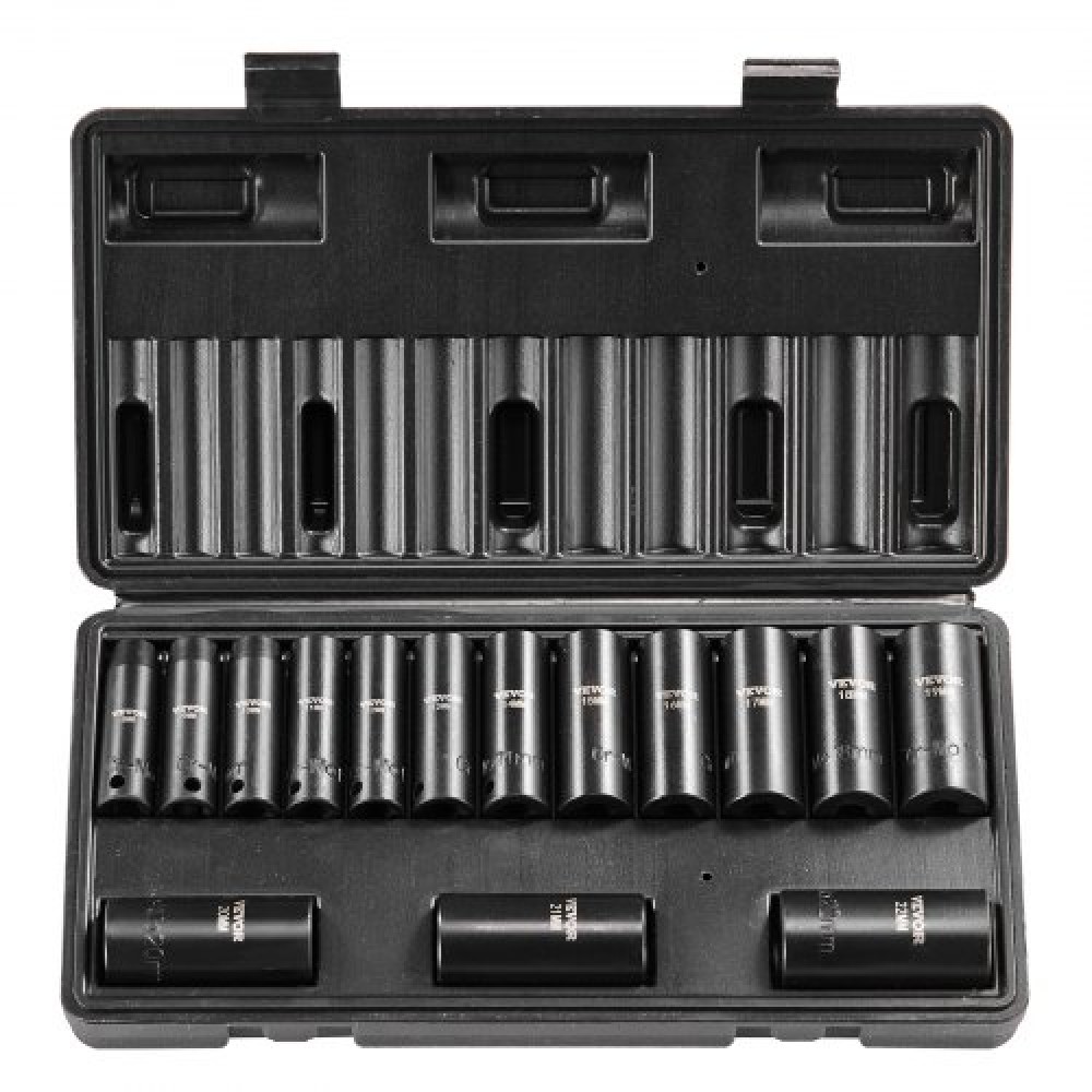 VEVOR 3/8" Drive Impact Socket Set, 15 Piece Deep Socket Set Metric 8-22mm, 6 Point Cr-Mo Alloy Steel for Auto Repair, Ευανάγνωστα σημάδια μεγέθους, στιβαρή κατασκευή, περιλαμβάνει θήκη αποθήκευσης