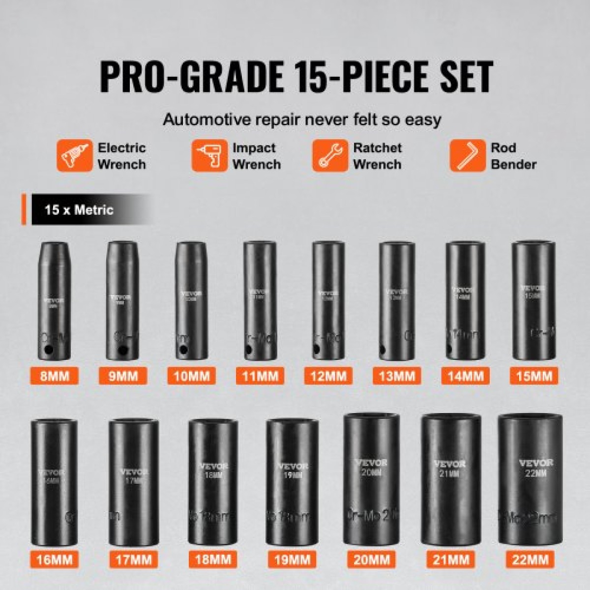 VEVOR 3/8" Drive Impact Socket Set, 15 Piece Deep Socket Set Metric 8-22mm, 6 Point Cr-Mo Alloy Steel for Auto Repair, Ευανάγνωστα σημάδια μεγέθους, στιβαρή κατασκευή, περιλαμβάνει θήκη αποθήκευσης