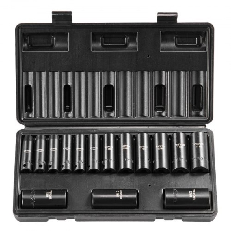 VEVOR 3/8" Drive Impact Socket Set, 15 Piece Deep Socket Set Metric 8-22mm, 6 Point Cr-Mo Alloy Steel for Auto Repair, Ευανάγνωστα σημάδια μεγέθους, στιβαρή κατασκευή, περιλαμβάνει θήκη αποθήκευσης
