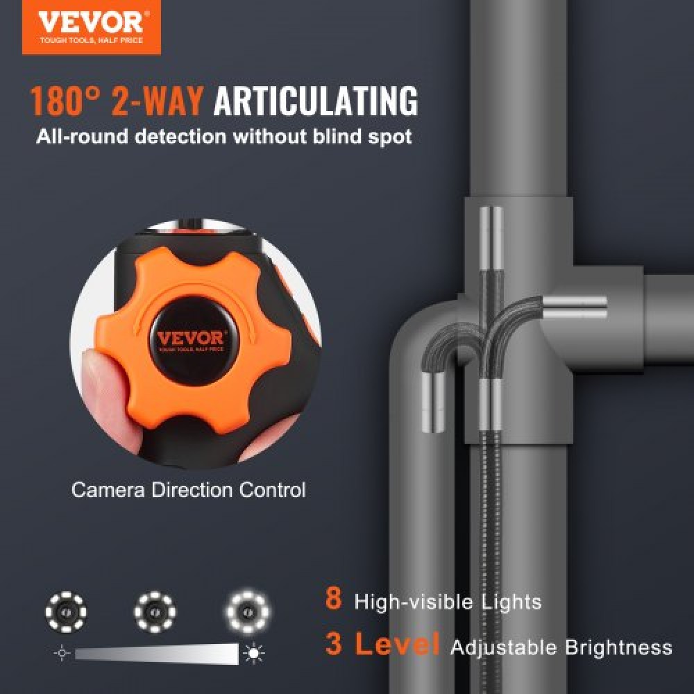 VEVOR Αρθρωτό Borescope Camera με φως, αμφίδρομη αρθρωτή κάμερα ενδοσκοπίου επιθεώρησης με μικροσκοπικό φακό 6,4mm, οθόνη 5" IPS 1080P HD, 8X Zoom, 8 LED Light Camera για Auto, Υδραυλικά (4,9 FT）