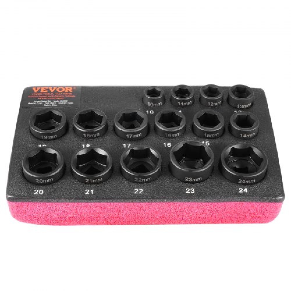 VEVOR 3/8" Drive Impact Socket Set, 15 Piece Ultra-Short Socket Set Metric 10-24mm, 6 Point Cr-Mo Alloy Steel for Auto Repair, Εύκολα στην ανάγνωση σημάνσεις μεγέθους, Ανθεκτική κατασκευή, Socket Organizer
