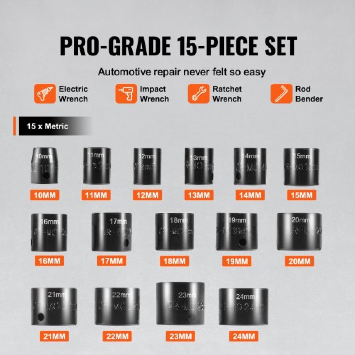 VEVOR 3/8" Drive Impact Socket Set, 15 Piece Ultra-Short Socket Set Metric 10-24mm, 6 Point Cr-Mo Alloy Steel for Auto Repair, Εύκολα στην ανάγνωση σημάνσεις μεγέθους, Ανθεκτική κατασκευή, Socket Organizer