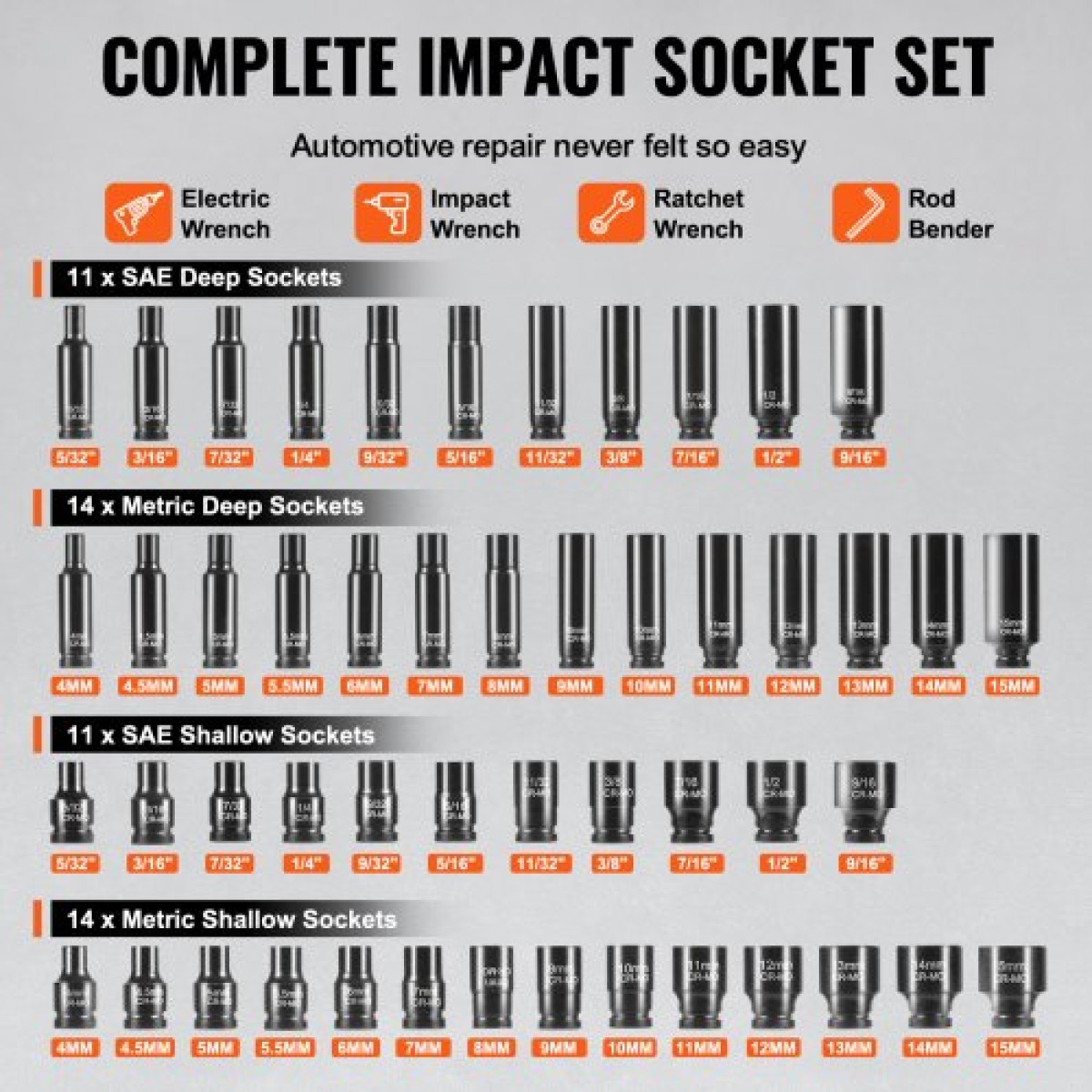 VEVOR 1/4" Drive Impact Socket Set, 55 Piece Deep & Shallow Socket Set SAE 5/32"-9/16" and Metric 4-15mm, 6 Point CR-V Alloy Steel for Auto Repair, Εύκολα στην ανάγνωση ενδείξεις μεγέθους, θήκη αποθήκευσης