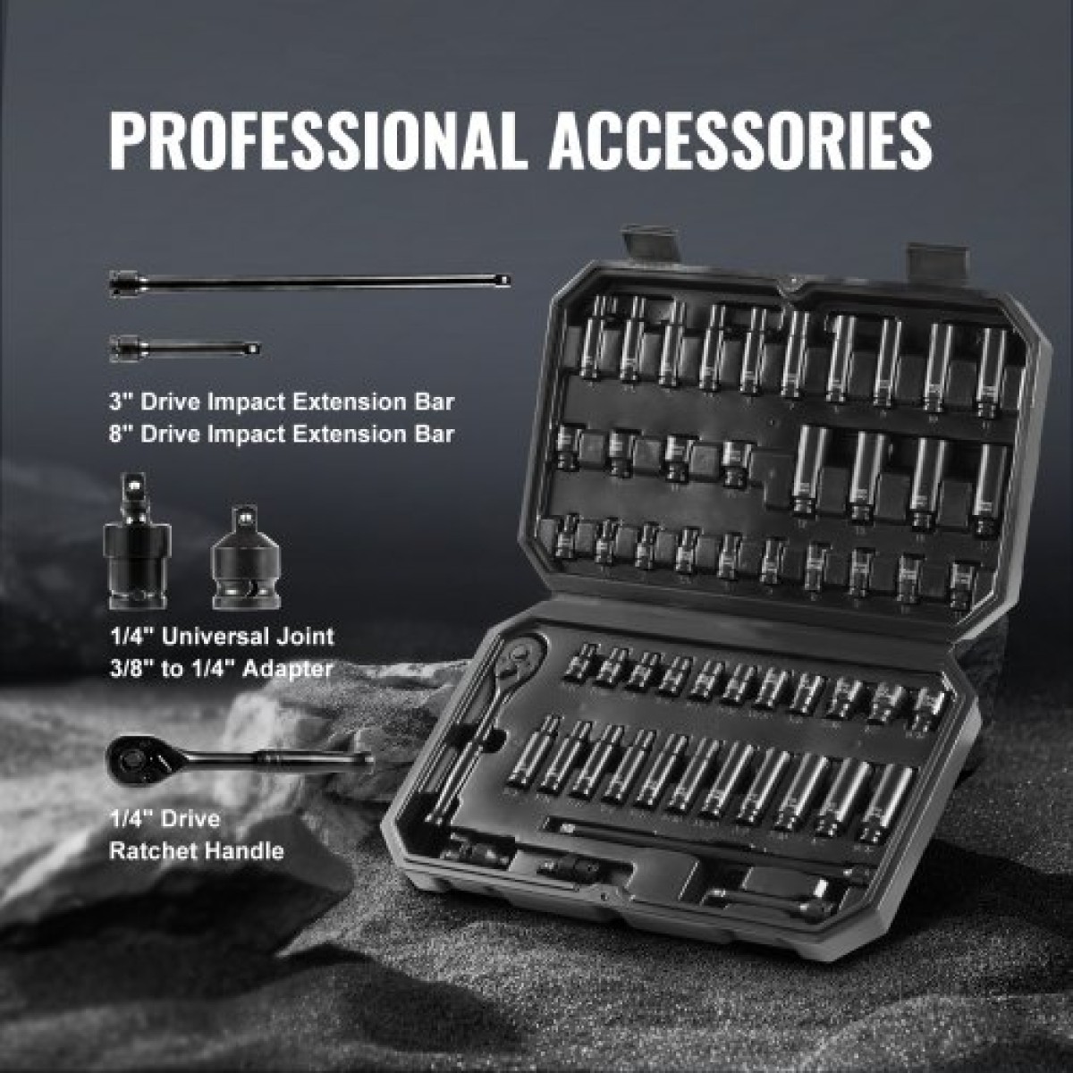 VEVOR 1/4" Drive Impact Socket Set, 55 Piece Deep & Shallow Socket Set SAE 5/32"-9/16" and Metric 4-15mm, 6 Point CR-V Alloy Steel for Auto Repair, Εύκολα στην ανάγνωση ενδείξεις μεγέθους, θήκη αποθήκευσης