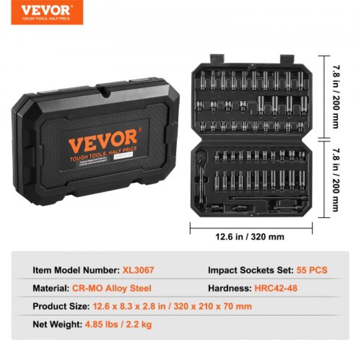 VEVOR 1/4" Drive Impact Socket Set, 55 Piece Deep & Shallow Socket Set SAE 5/32"-9/16" and Metric 4-15mm, 6 Point CR-V Alloy Steel for Auto Repair, Εύκολα στην ανάγνωση ενδείξεις μεγέθους, θήκη αποθήκευσης