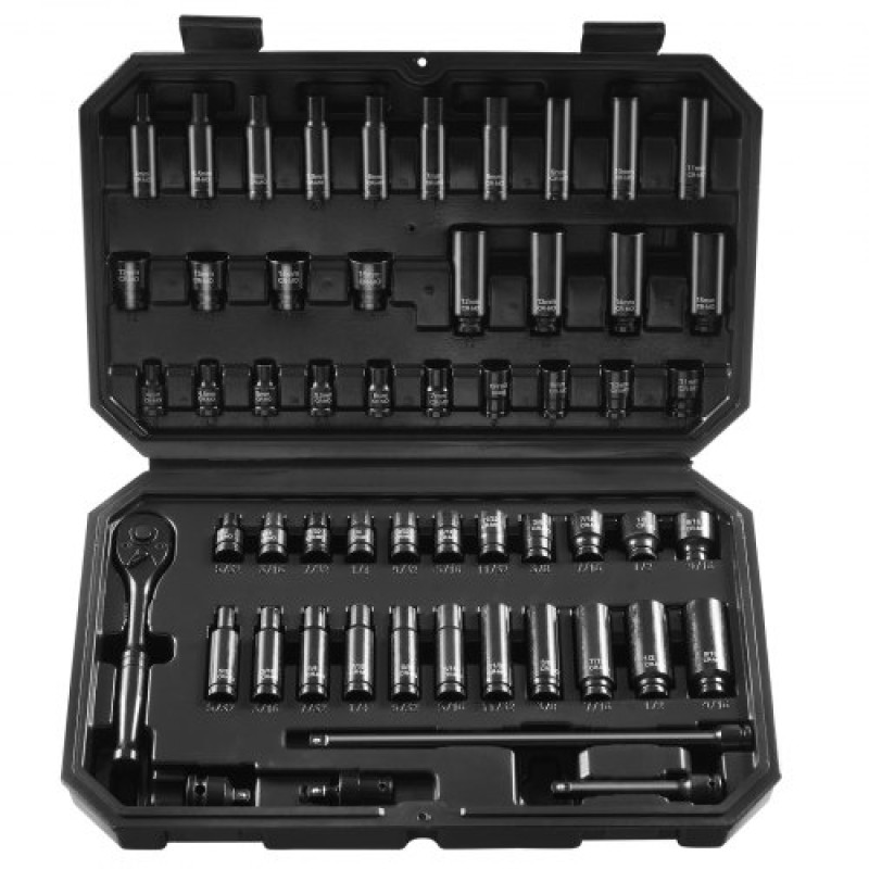 VEVOR 1/4" Drive Impact Socket Set, 55 Piece Deep & Shallow Socket Set SAE 5/32"-9/16" and Metric 4-15mm, 6 Point CR-V Alloy Steel for Auto Repair, Εύκολα στην ανάγνωση ενδείξεις μεγέθους, θήκη αποθήκευσης