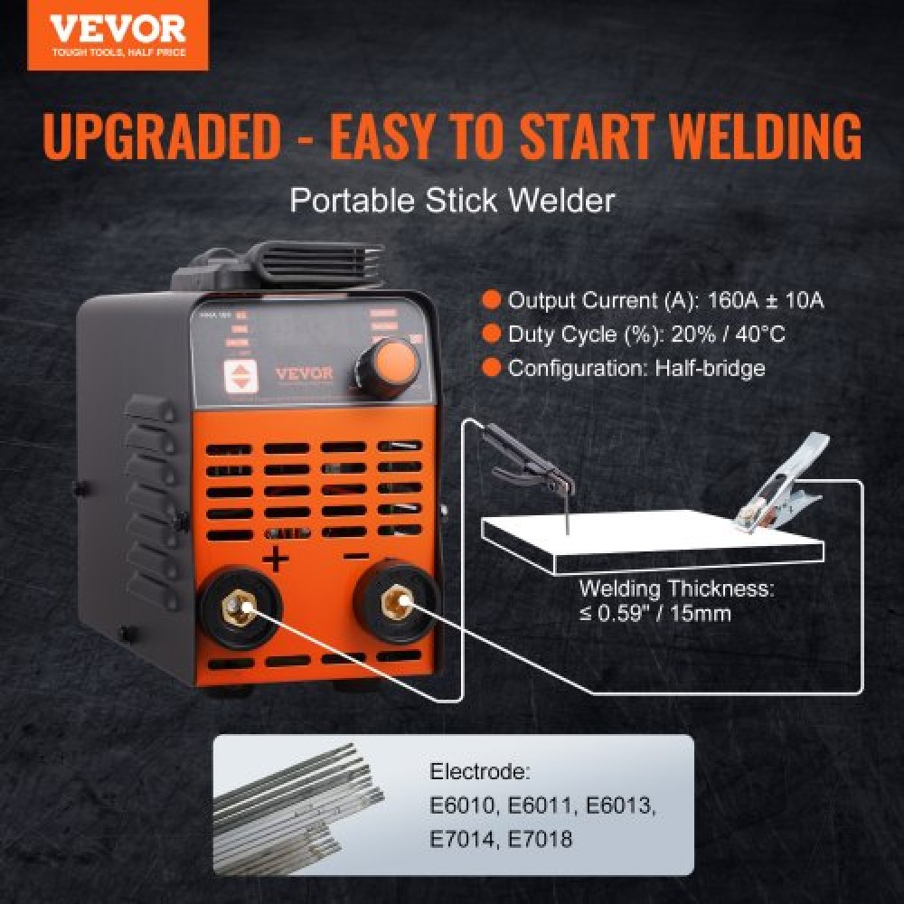 VEVOR 220V Stick Welder, 160A ARC/Lift TIG Welding Machine with Large LED Display, 2-in-1 Portable Stick Welding Machine with Hot Start Arc Force Anti-Stick VRD, MMA ARC Welder Machine, Welding