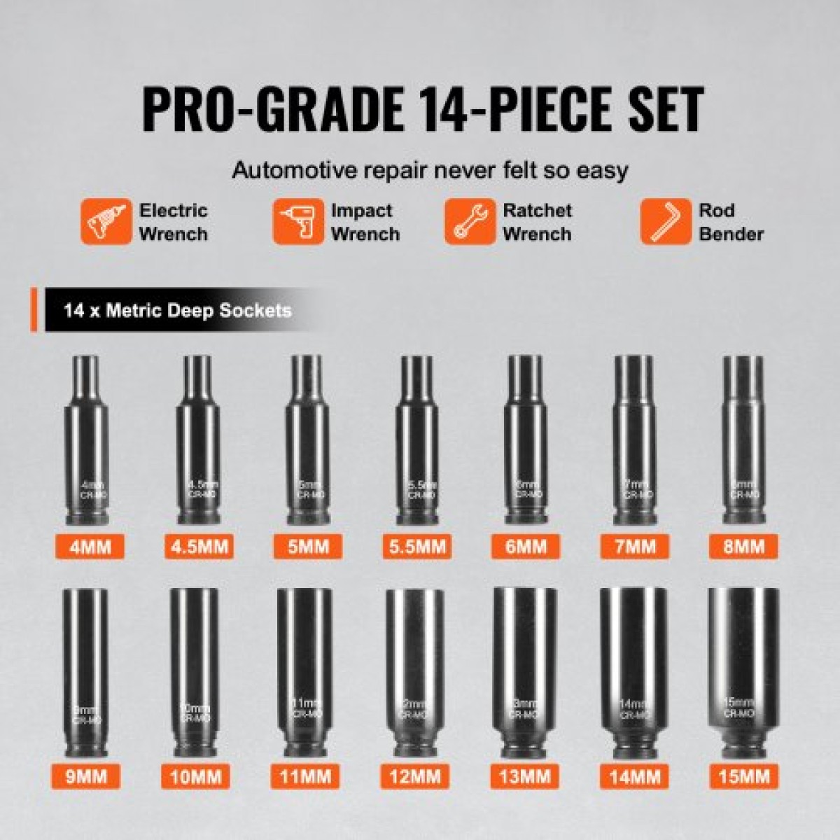 VEVOR 1/4" Drive Impact Socket Set, 14 Piece Deep Socket Set Metric 4-15mm, 6 Point Cr-Mo Alloy Steel for Auto Repair, Ευανάγνωστα σημάδια μεγέθους, Ανθεκτική κατασκευή, Socket Organizer