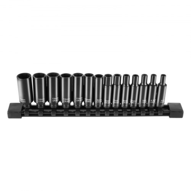 VEVOR 1/4" Drive Impact Socket Set, 14 Piece Deep Socket Set Metric 4-15mm, 6 Point Cr-Mo Alloy Steel for Auto Repair, Ευανάγνωστα σημάδια μεγέθους, Ανθεκτική κατασκευή, Socket Organizer