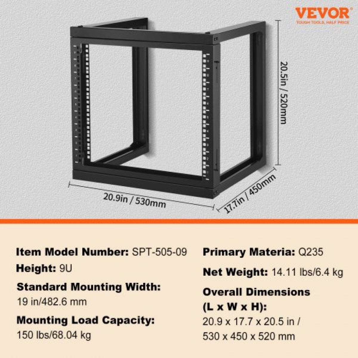 Βάση επιτοίχιας βάσης VEVOR 9U 150 lbs/68,04 kg Δικτυακό ράφι διακομιστή ανοιχτού πλαισίου Μαύρο 530x450x520 mm