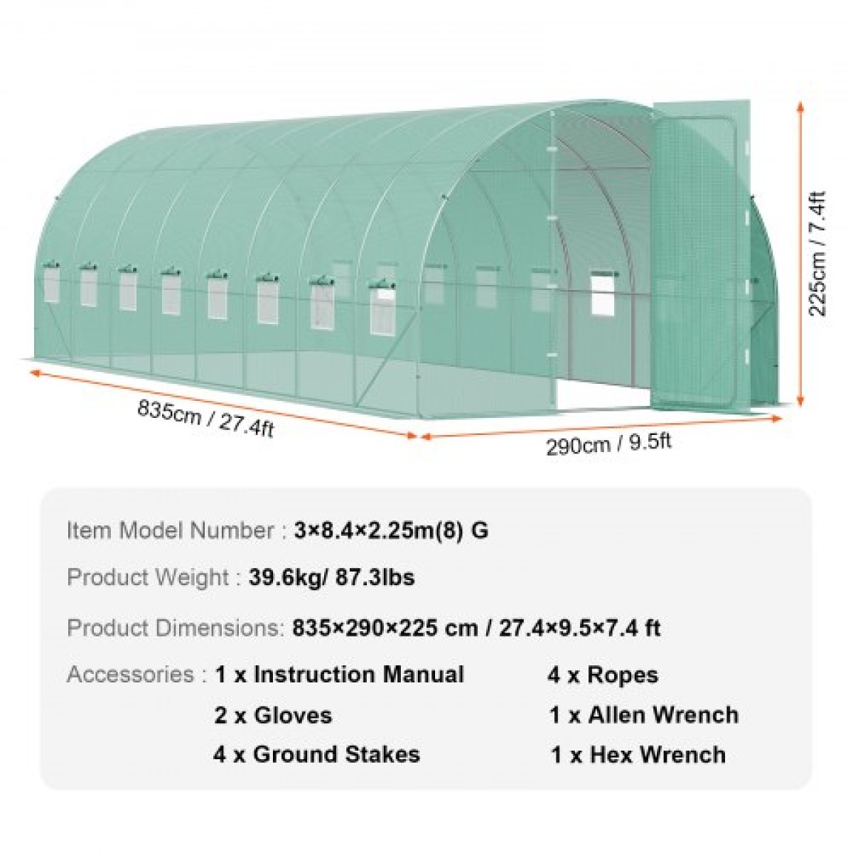 Θερμοκήπιο VEVOR Walk-in Tunnel, 27,4x9,5x7,4 ft Σήραγγα Θερμοκηπίου Hoop House, Plant Hot House με πλαίσιο από γαλβανισμένο χάλυβα, πράσινο κάλυμμα PE, αιωρούμενη πόρτα και 16 αναδιπλούμενα παράθυρα για εξωτερικούς χώρους