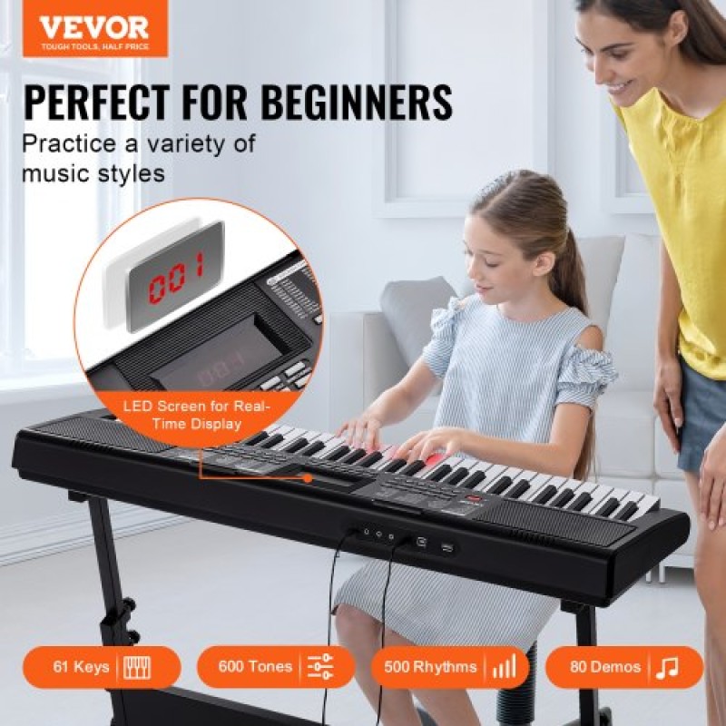 VEVOR 61 Key Digital Keyboard Piano, Φωτιζόμενα Πλήκτρα, Ηλεκτρικό Φορητό Πιάνο με Ρυθμιζόμενη Βάση 600 Tones 500 Rhythms Ενσωματωμένα ηχεία Sustain Pedal Ακουστικά, USB MIDI για αρχάριους