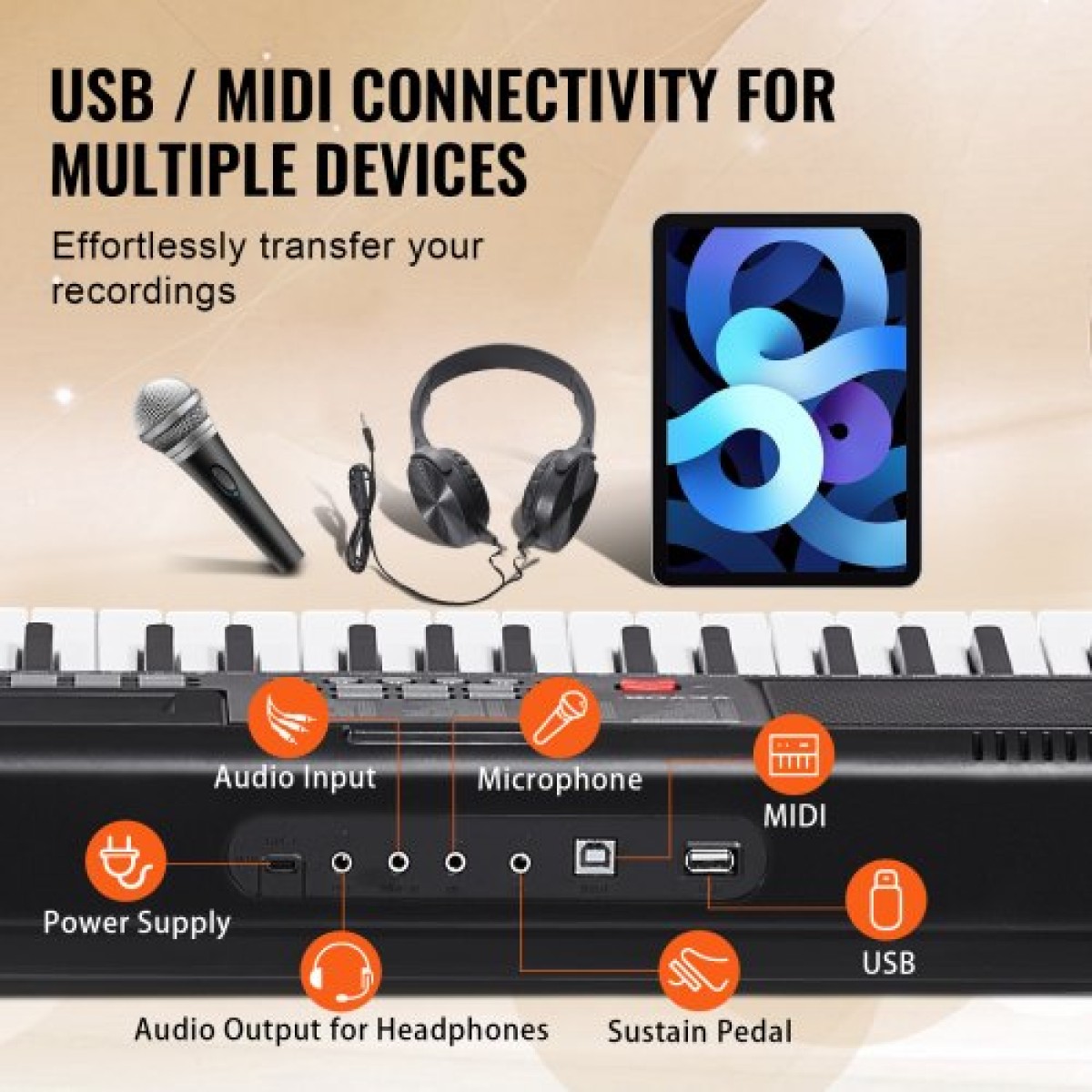 VEVOR 61 Key Digital Keyboard Piano, Φωτιζόμενα Πλήκτρα, Ηλεκτρικό Φορητό Πιάνο με Ρυθμιζόμενη Βάση 600 Tones 500 Rhythms Ενσωματωμένα ηχεία Sustain Pedal Ακουστικά, USB MIDI για αρχάριους